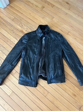 DKNY Black Leather Jacket with Faux Fur Trim